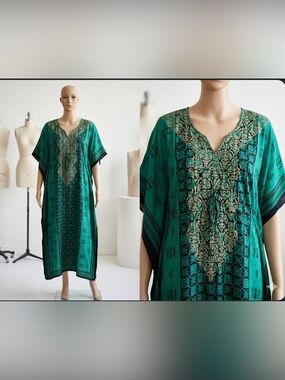 Embroidered Teal Green Boho Kaftan dress